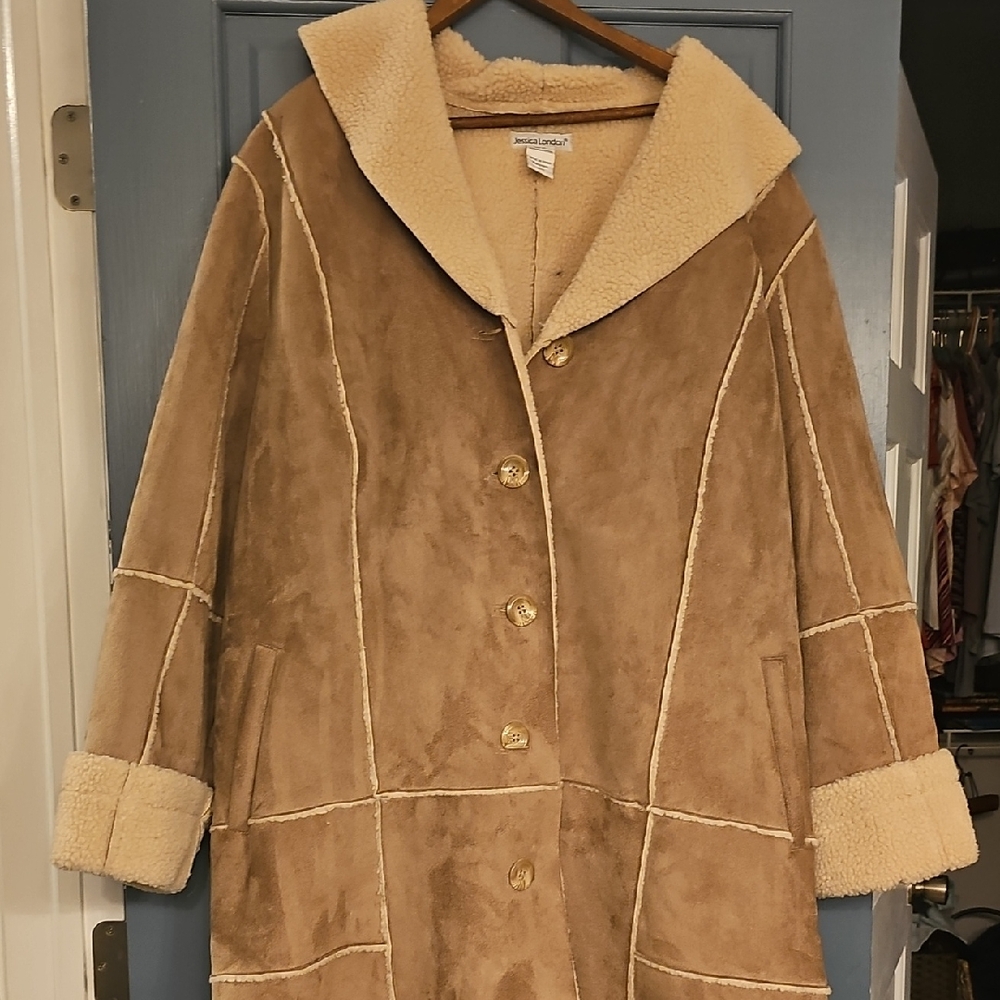 Suede Jessica London Tan Jacket Faux  Fur Cream Accents Long Size 20 Long